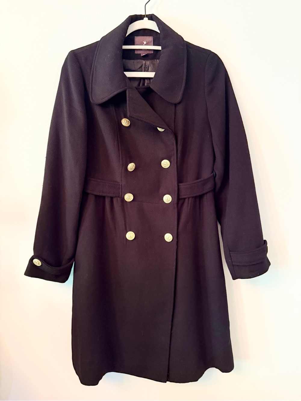 Y2K Black Double-Breasted Peacoat Gold Buttons Belted Babydoll Coat
